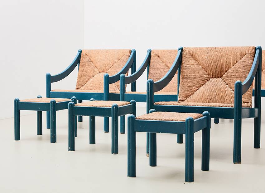 Vico Magistretti Pair of Carimate Lounge Chairs + Stool for Cassina Italy 1960s