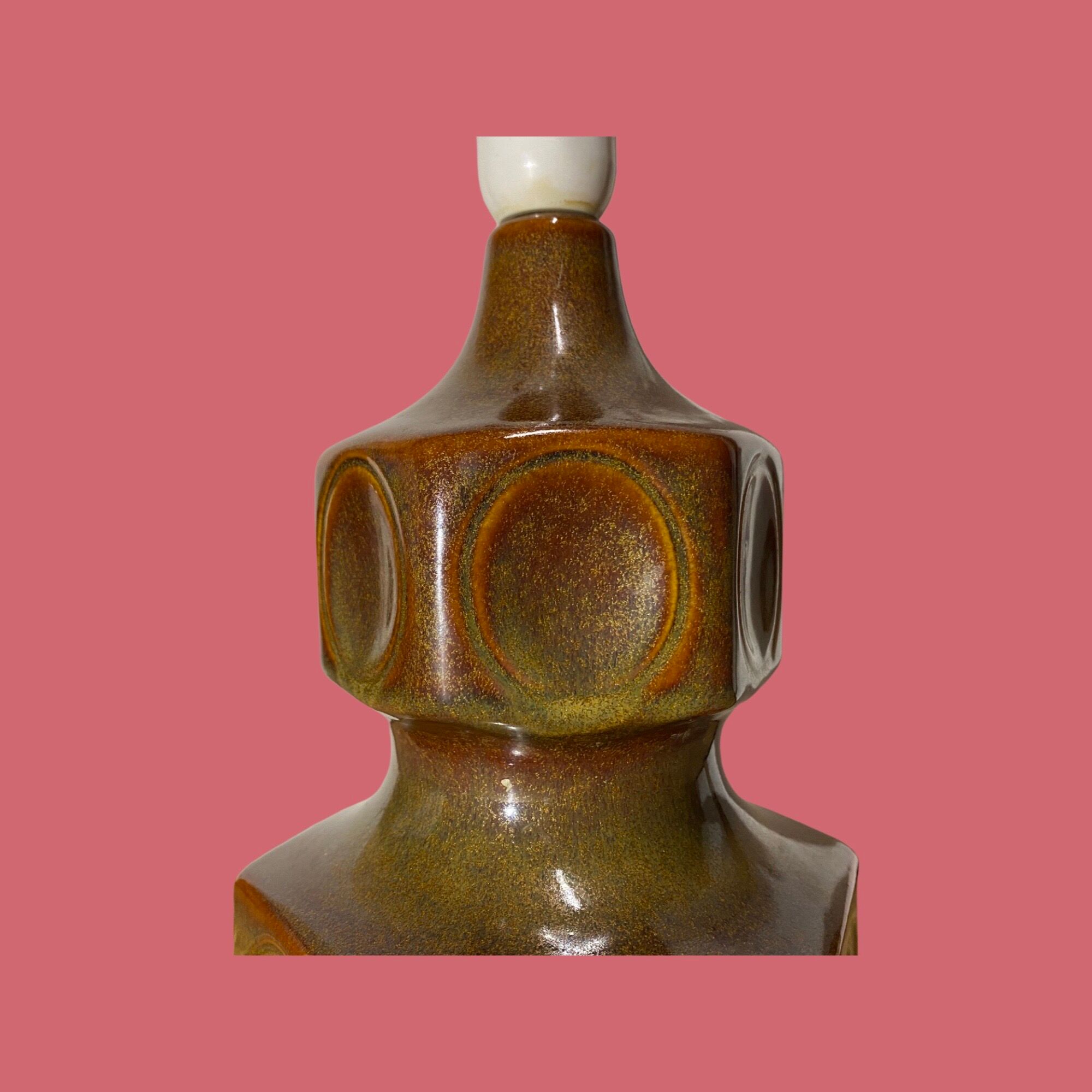 Rare Large Søholm Ceramic Lamp | Brown/green Color With Red Lampshade - Danish Ceramic Lamp