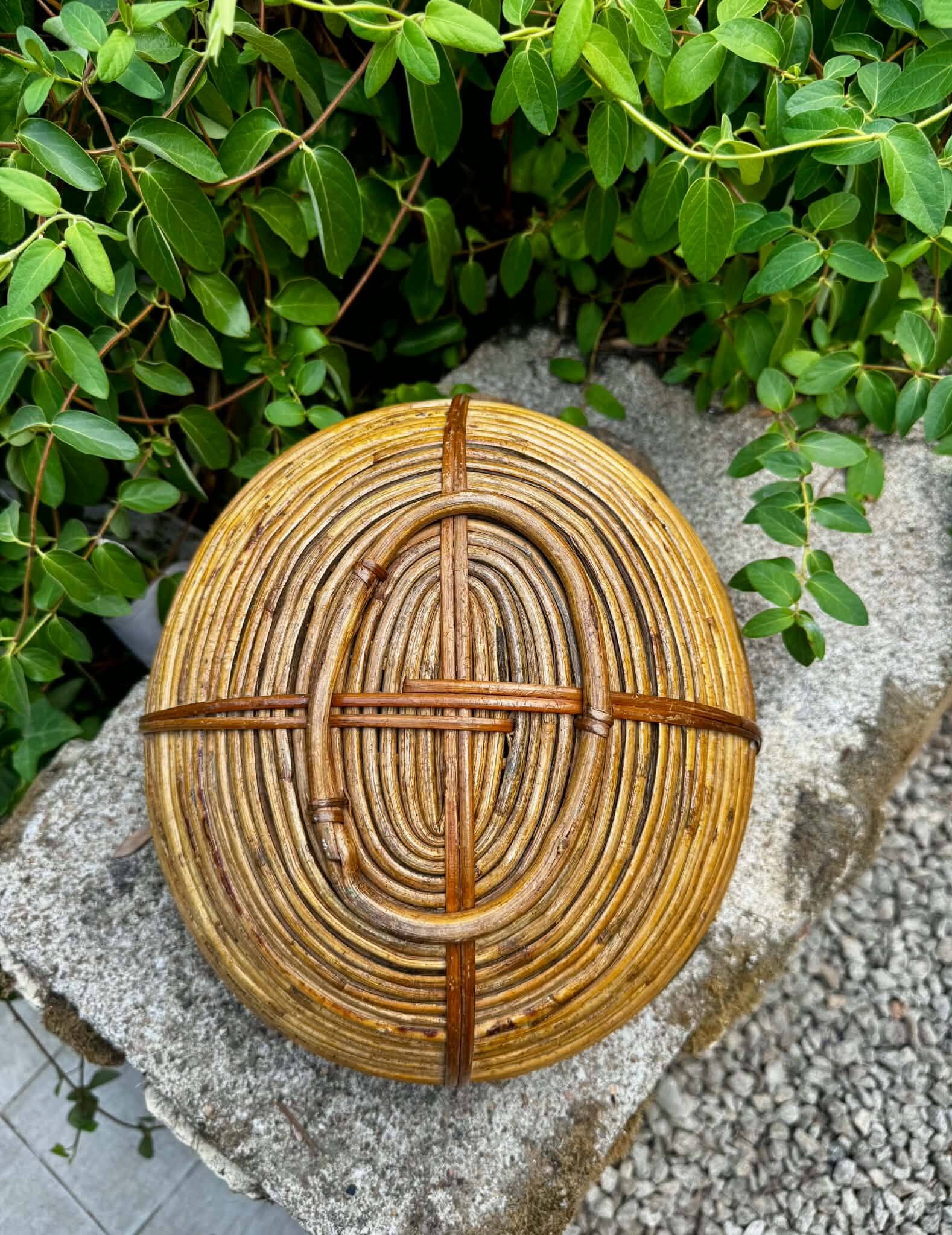 Large rattan basket brass Gabriella Crespi 1960s