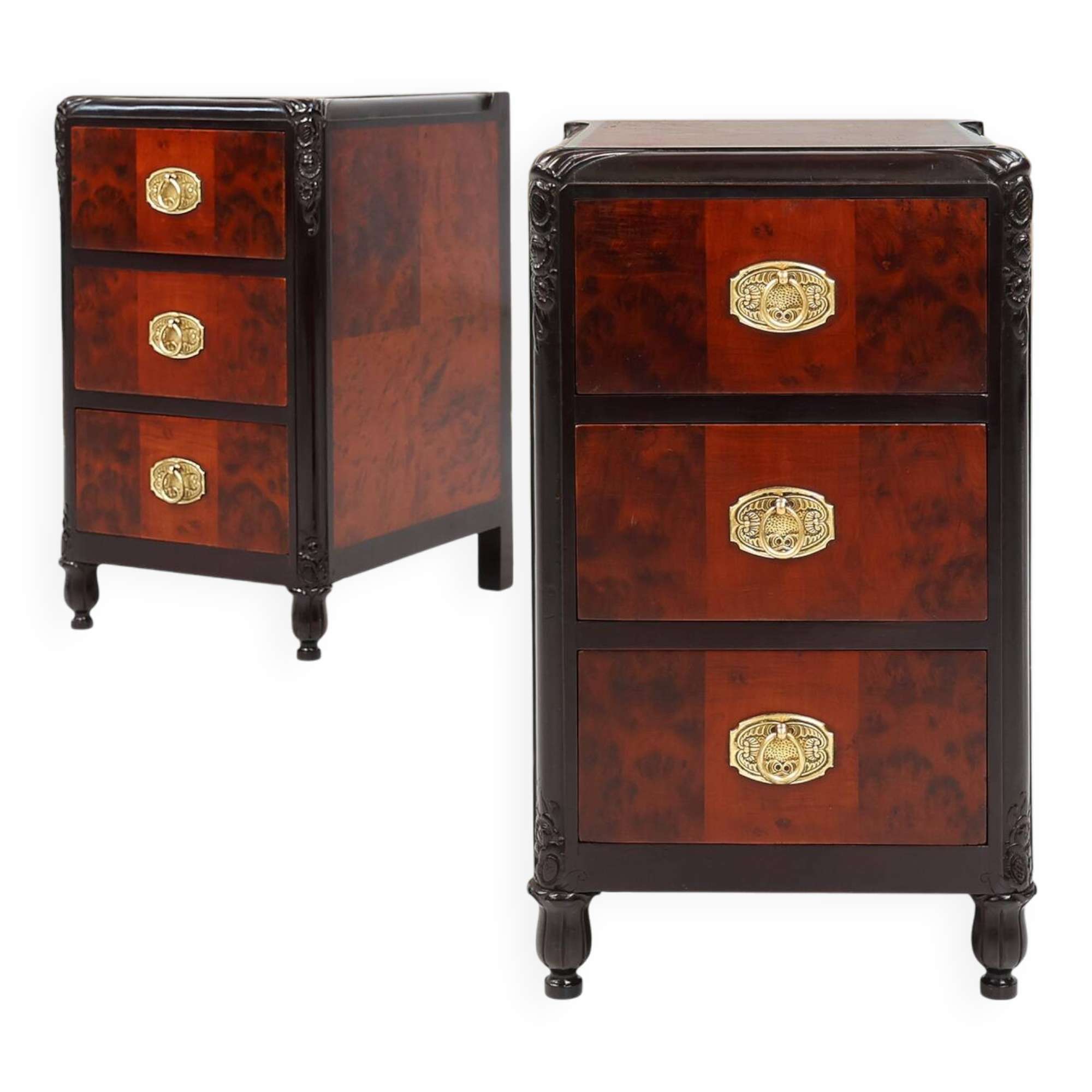 Pair of Art Deco nightstands in burl veneer, oak and copper, France ca. 1910
