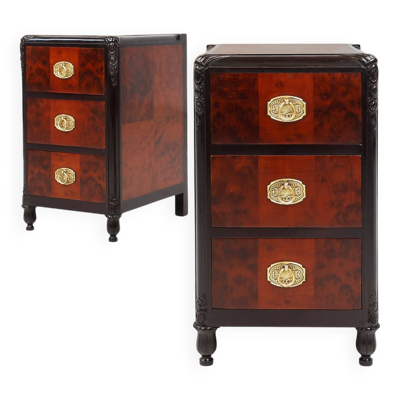 Paire de tables de chevet Art Déco en placage de ronce, chêne et cuivre, France vers 1910