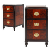 Pair of Art Deco nightstands in burl veneer, oak and copper, France ca. 1910