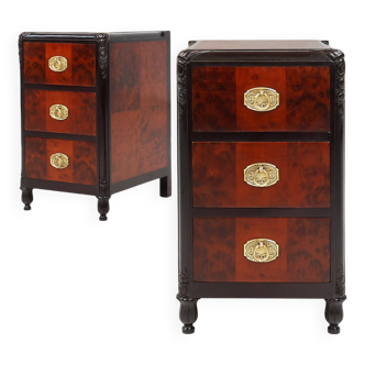 Paire de tables de chevet Art Déco en placage de ronce, chêne et cuivre, France vers 1910