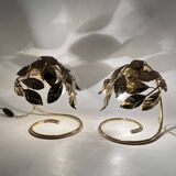Hollywood regency set of 2 brass leaves table lamps, Bottega Gadda Italy, 1970s