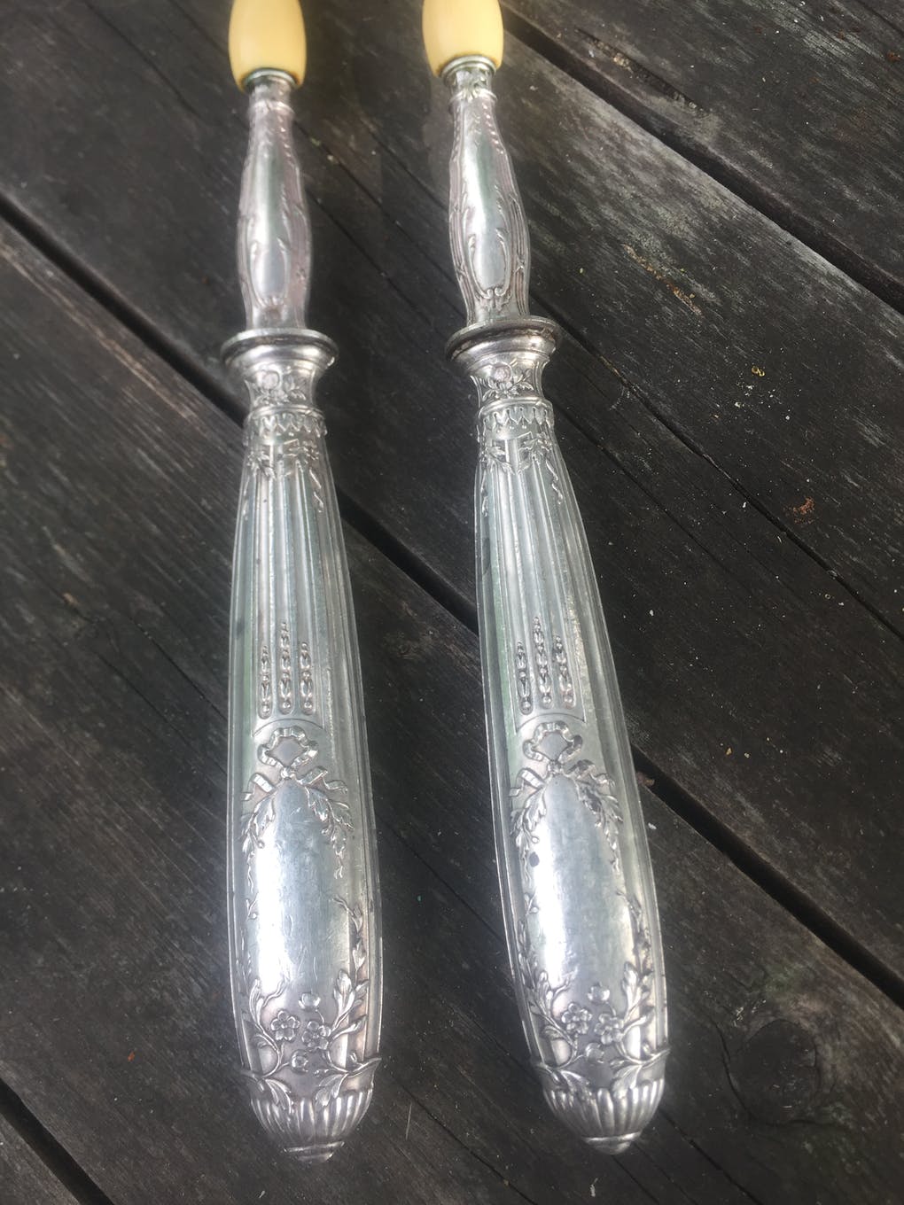 Silver and ivory salad cutlery in early 20th century