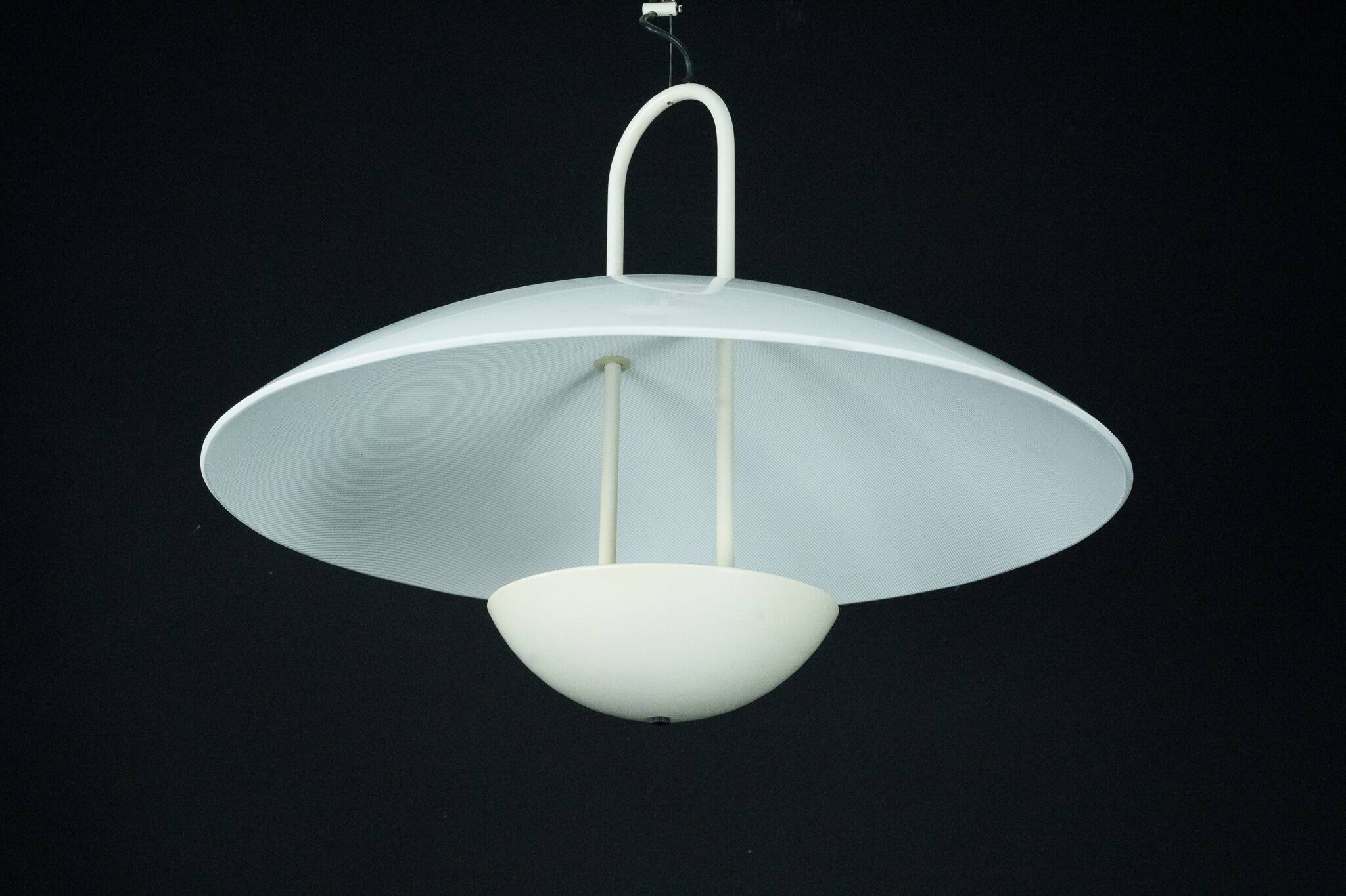 Vintage 1990s White Pendant Lamp with Glass Top Shade. Italy