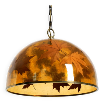 Rare, large 1970s Italian resin pendant lamp with embedded maple leaves