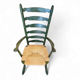 Vintage transparent green wooden arm chair / rush seat / high back ladder chair