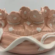 Vintage ceramic cache-pot in pink and white.