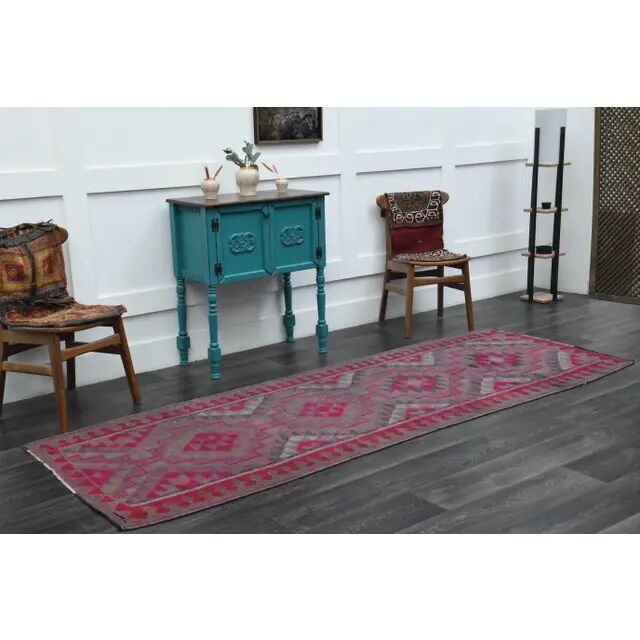 1970s Vintage Turkish Oushak Handmade Wool Cotton Purple Runner Rug 108x292