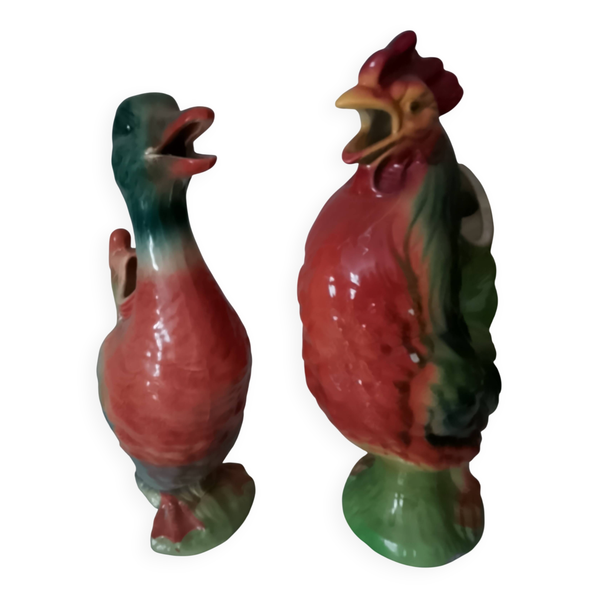 Paire de pichets en barbotine canard et coq Saint Clément