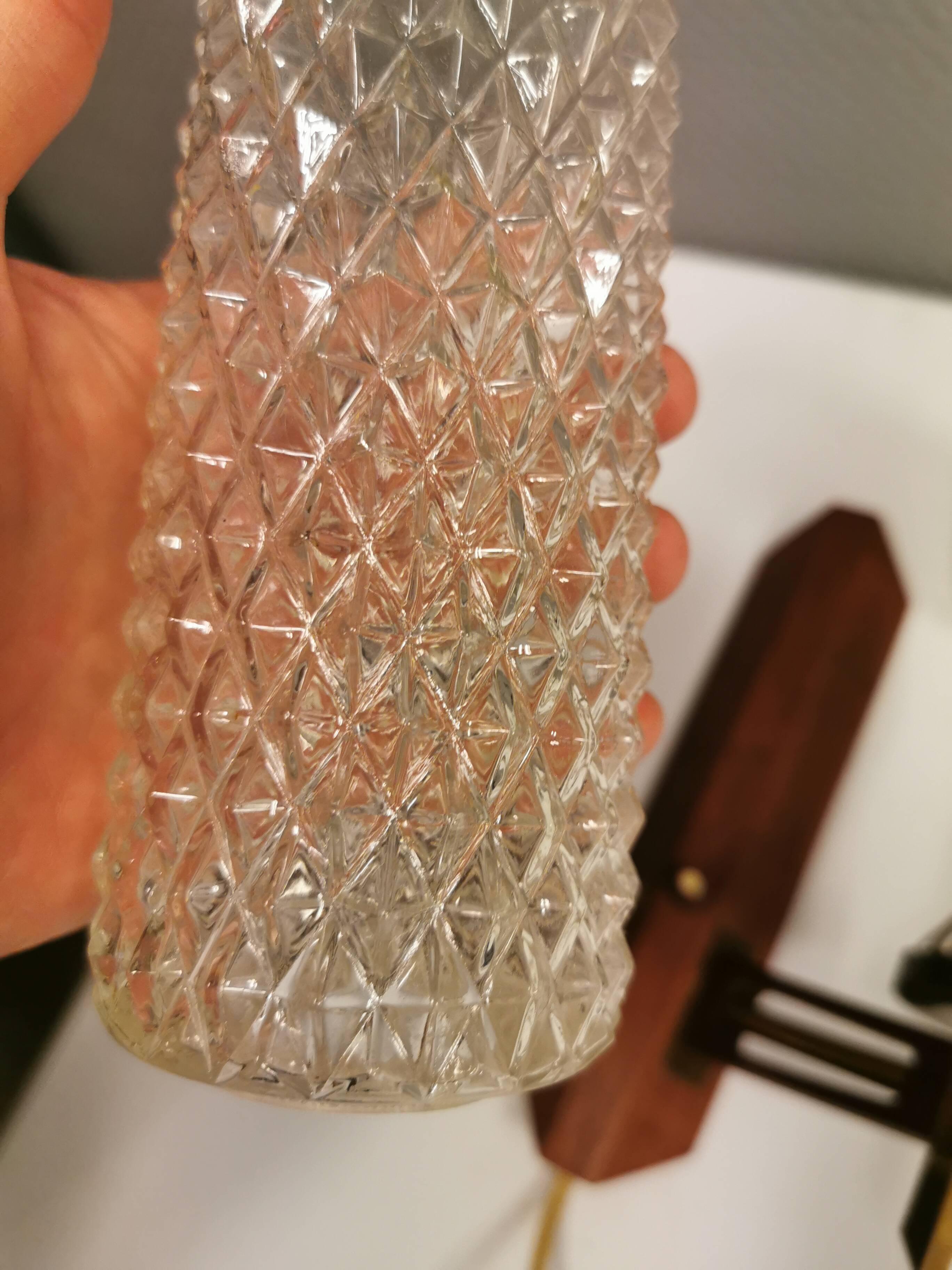 Danish double wall light in teak, brass and crystal glass.