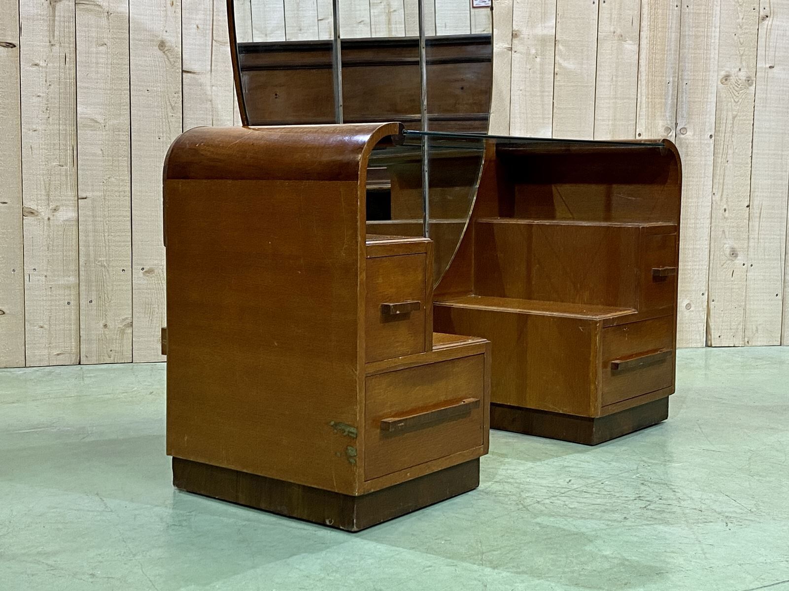 English art deco hairdresser in oak and walnut