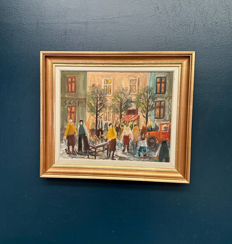 Original Swedish Oil on Canvas – “Market Scene” by Arne Wallsten – Signed