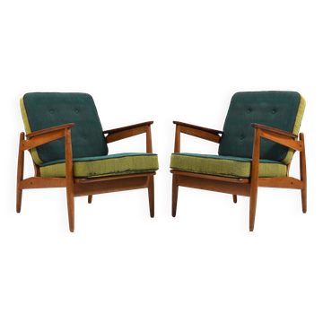 Early 1950s Danish Pair of Easychairs in Oak and Teak