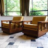 Ensemble de 2 fauteuils club Art Déco cubiste en bois et velours, Allemagne 1920