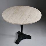 Vintage travertine bistro/dining table with metal base. (B)
