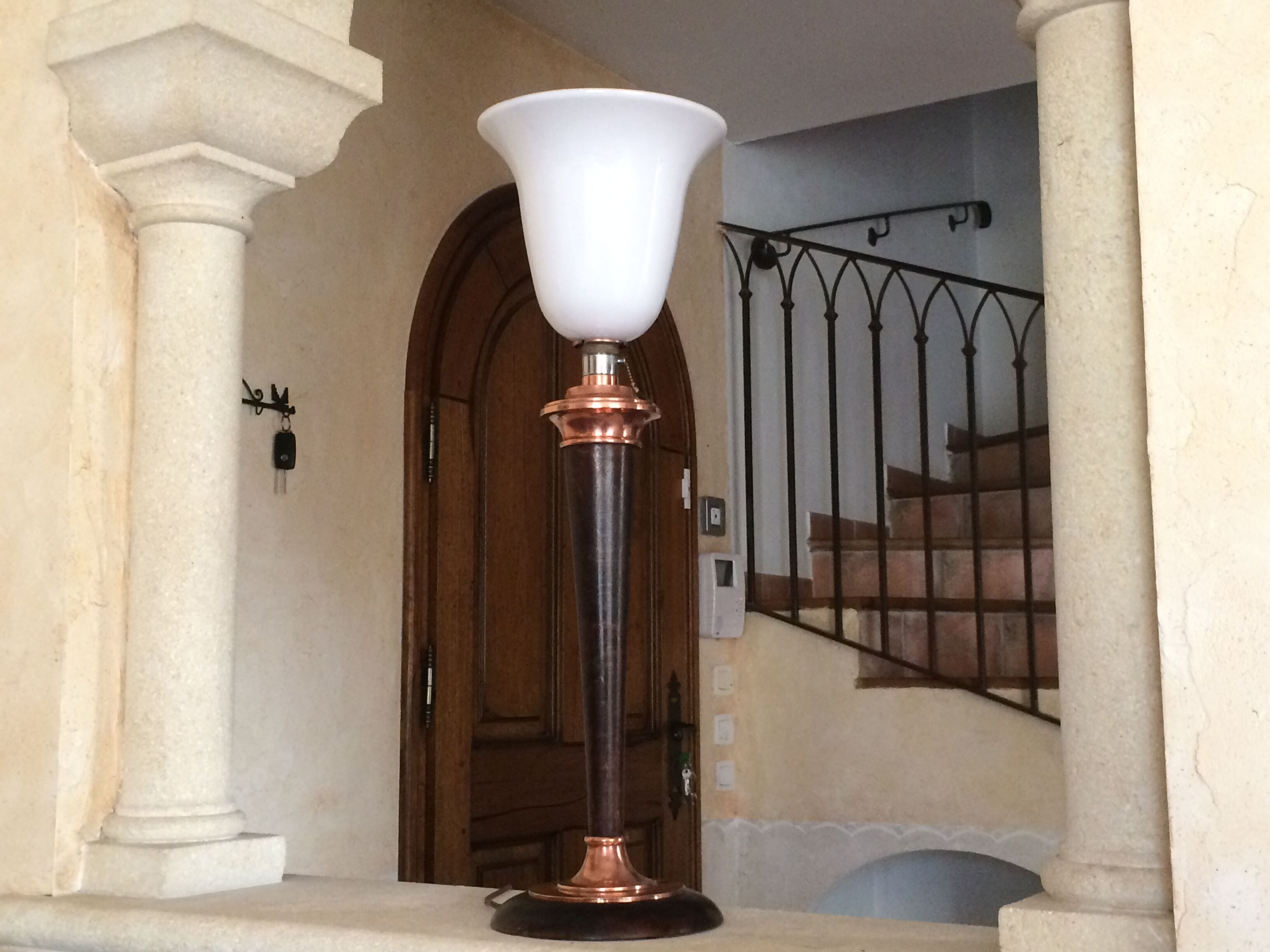 Mahogany and copper brass, Mazda Art deco lamp, 1930-40