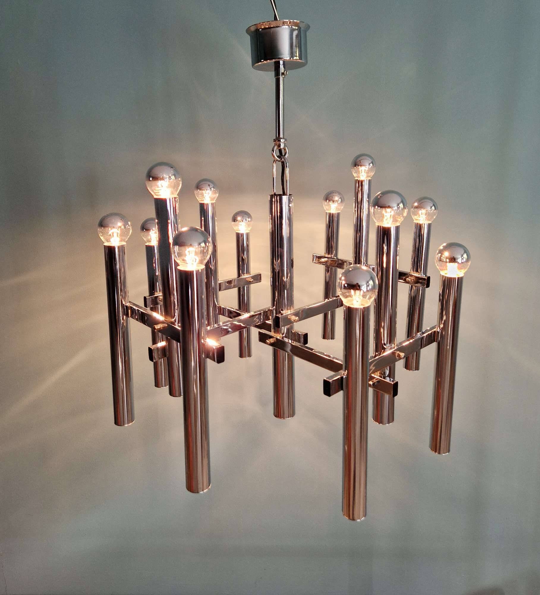 Large geometric chandelier in chromed metal, Massive, 1970