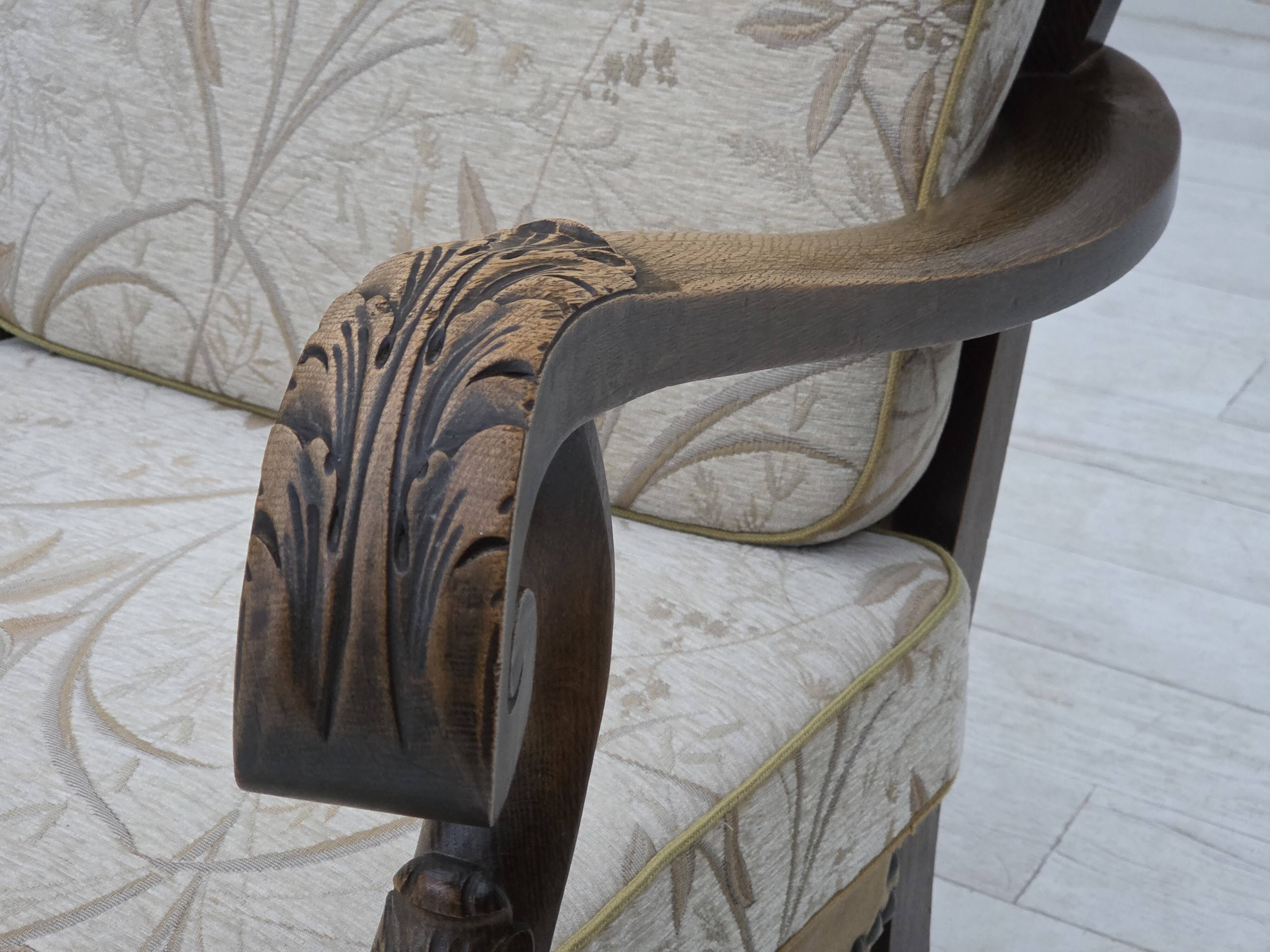 1960s, Danish 3-seater sofa, beige/brown furniture fabric, carved oak wood.