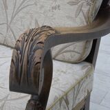 1960s, Danish 3-seater sofa, beige/brown furniture fabric, carved oak wood.