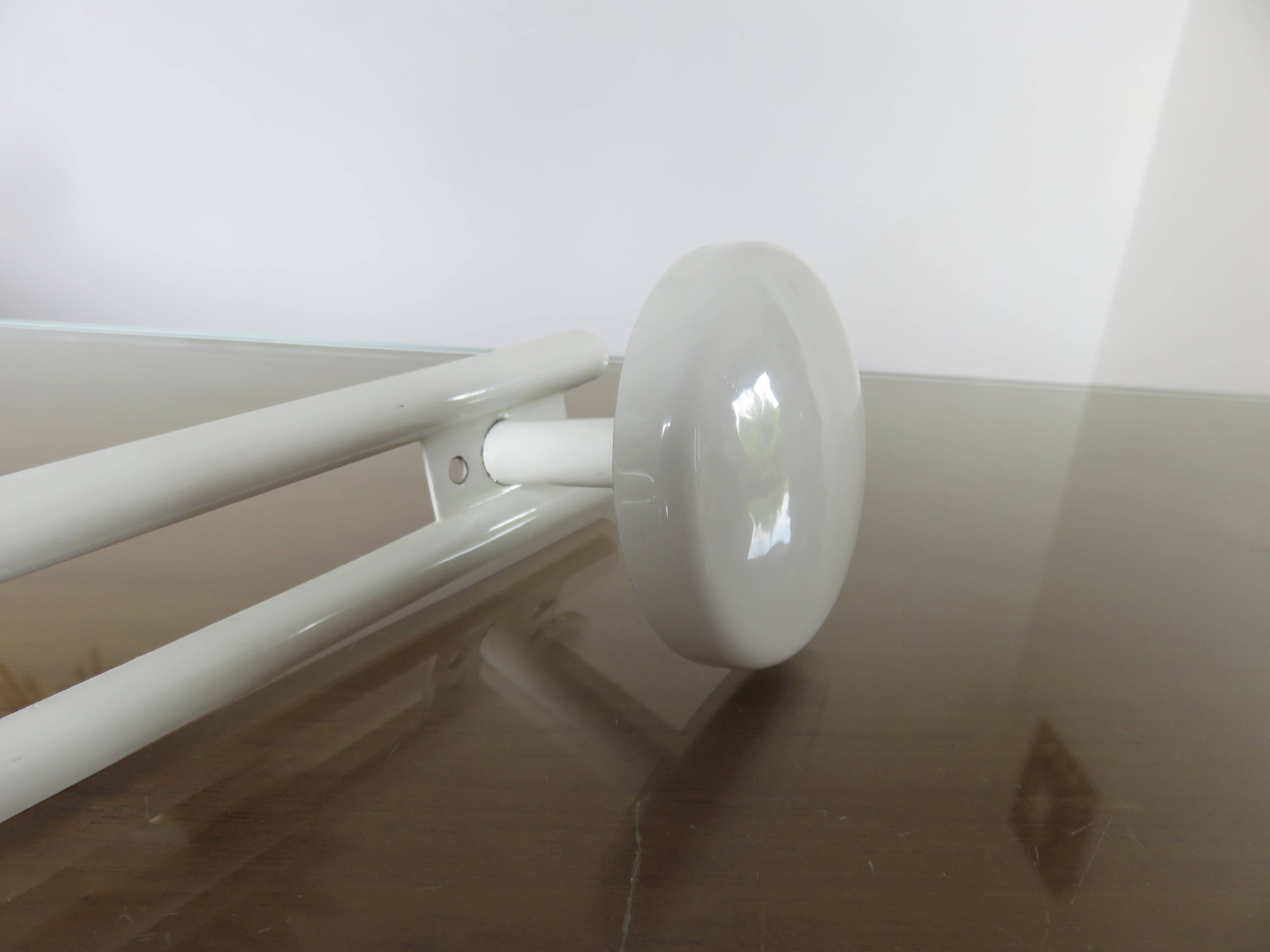 Wall coat rack in white lacquered metal with 2 hooks, 1970.