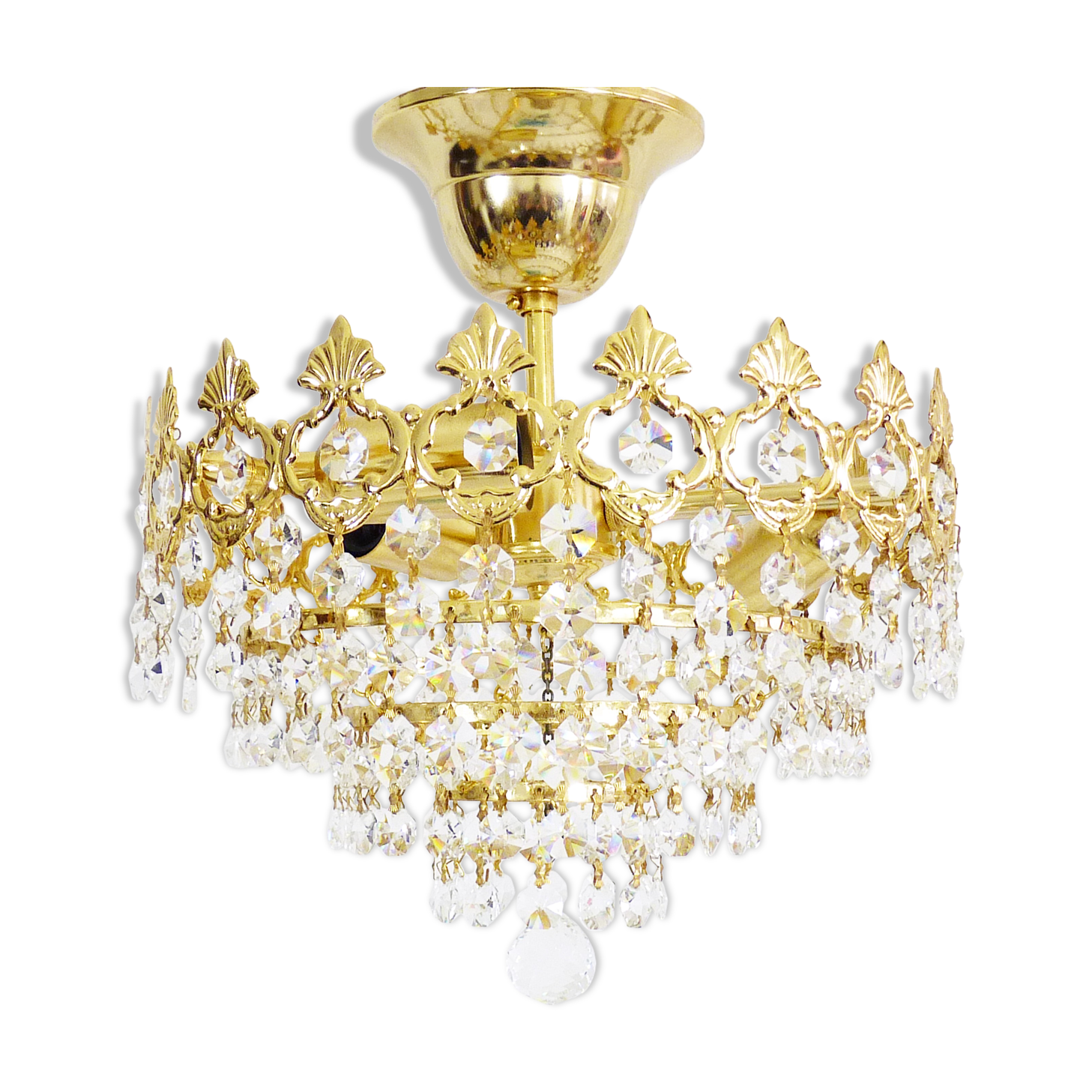 Old chandelier, gold metal crown ceiling, 4 floors, 3 fires, glass stamps. Year 80