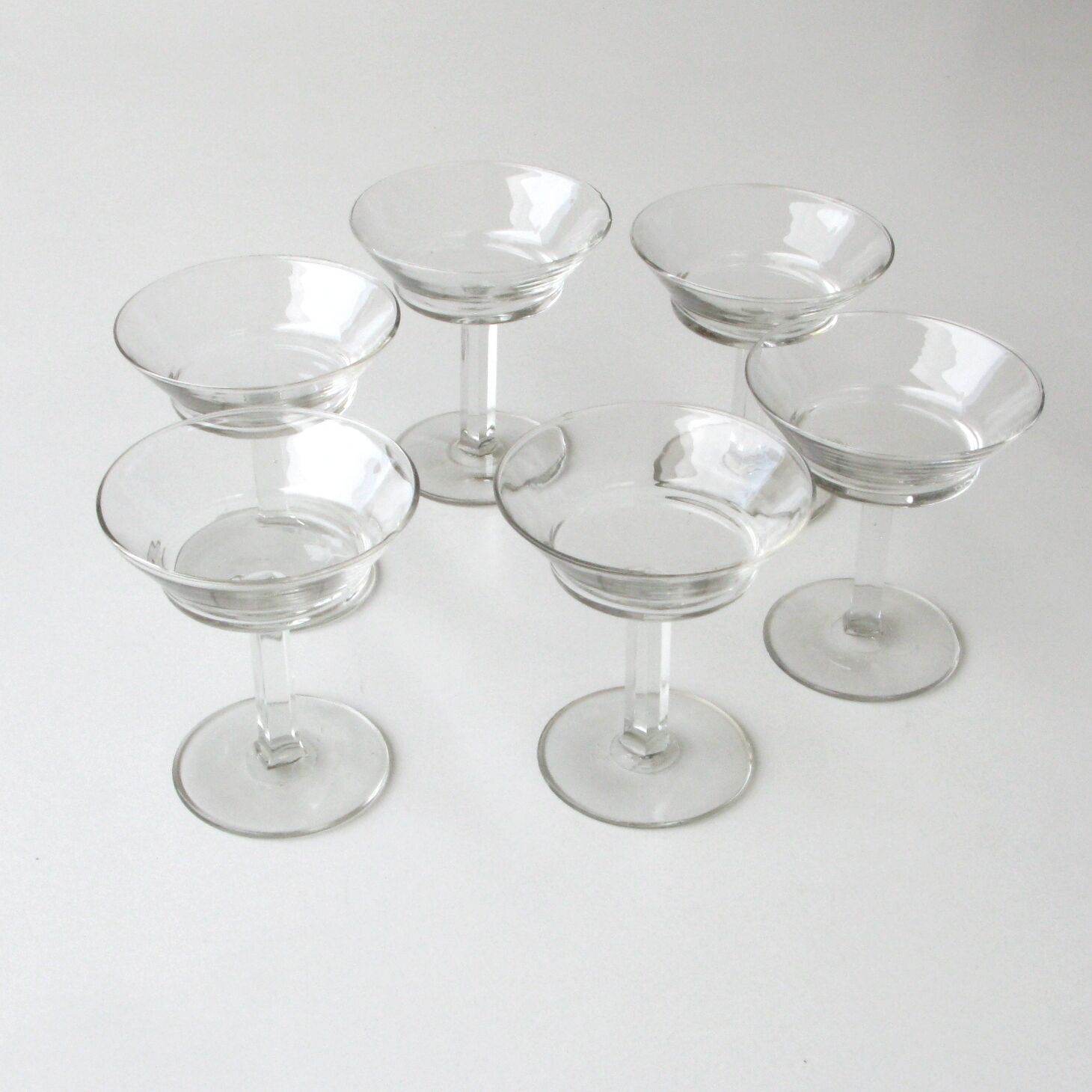 6 old champagne glasses vintage model glass square feet design