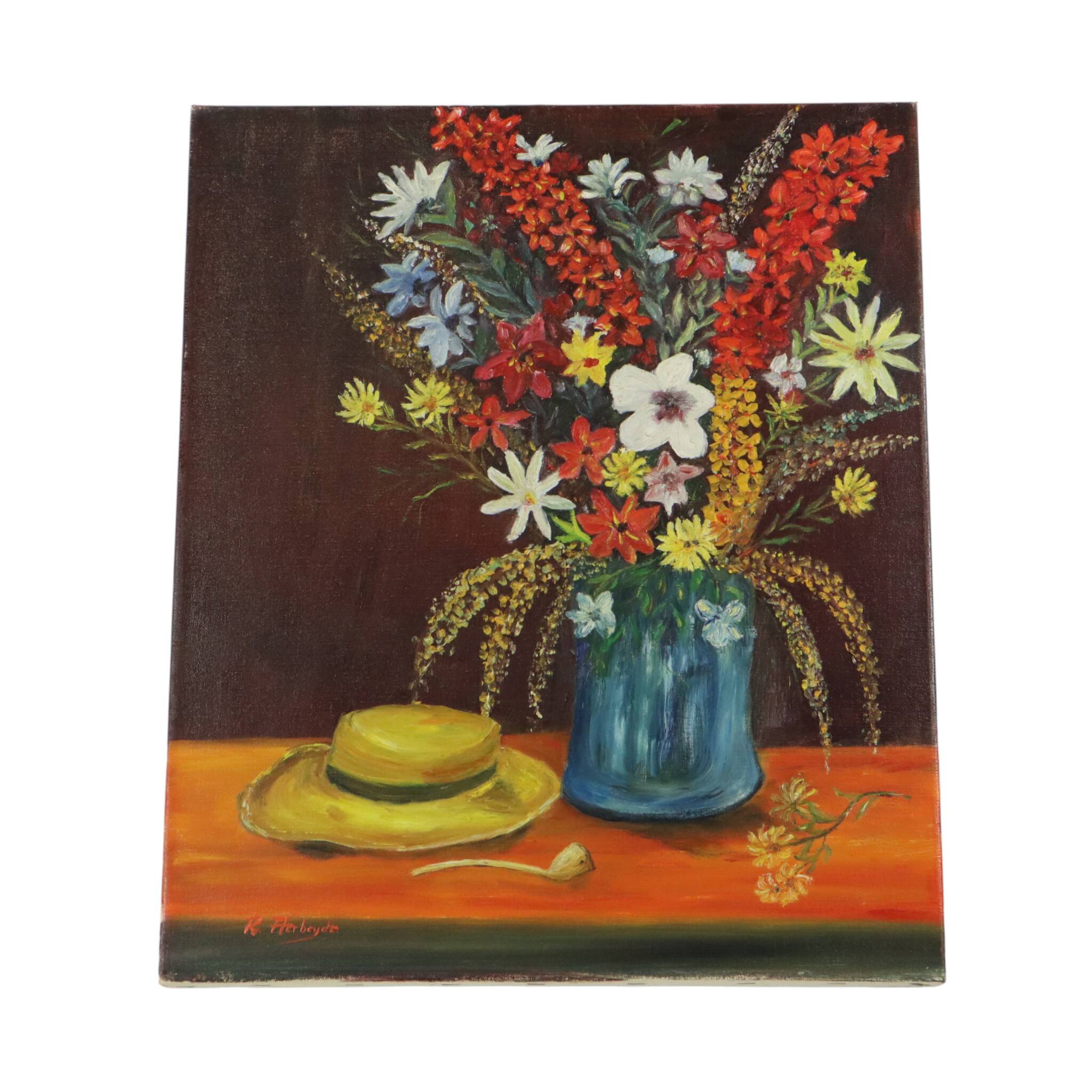 Flowers with Hat Still Life Painting Signed 60x50cm