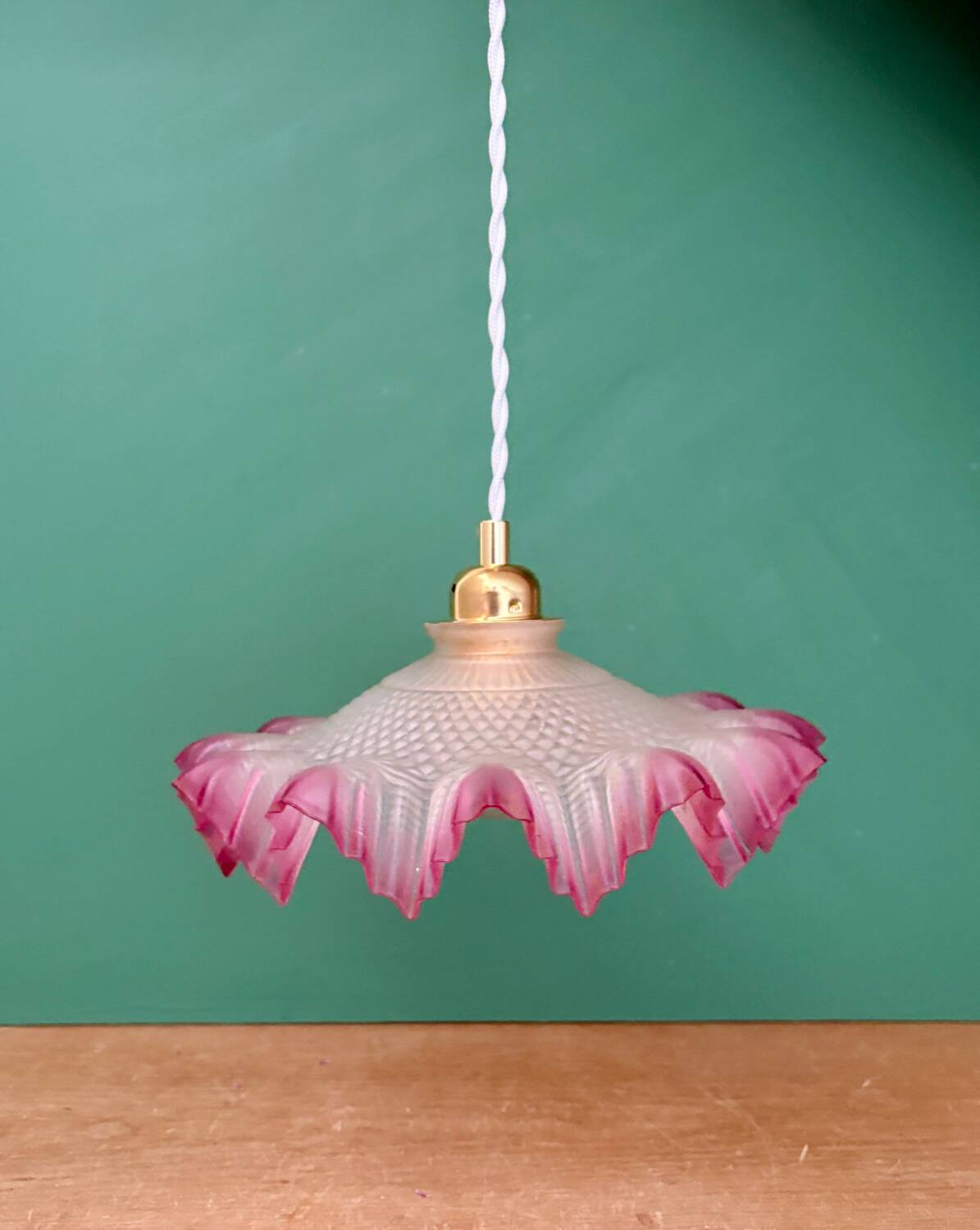Vintage frosted glass pendant lampshade, half pink, half transparent
