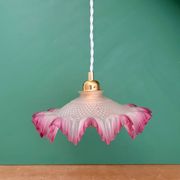 Vintage frosted glass pendant lampshade, half pink, half transparent