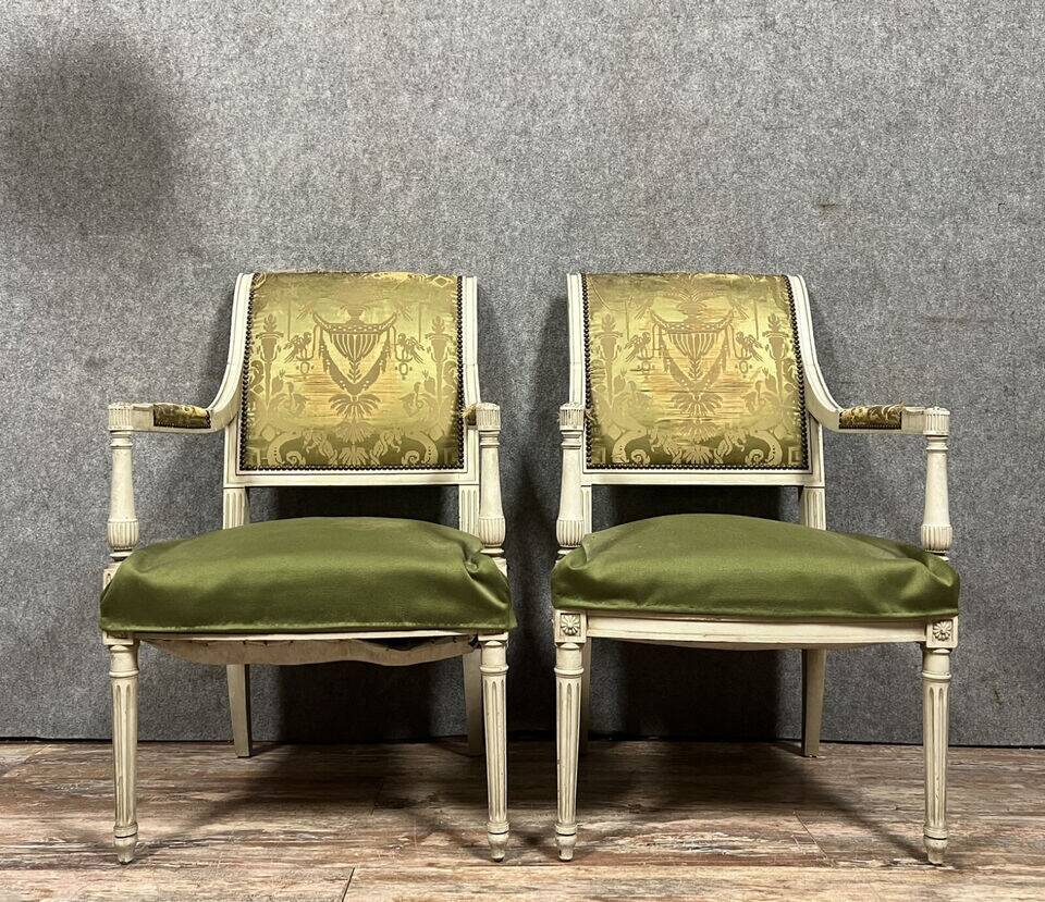 Pair of Louis XVI style armchairs in lacquered wood circa 1850 (B)