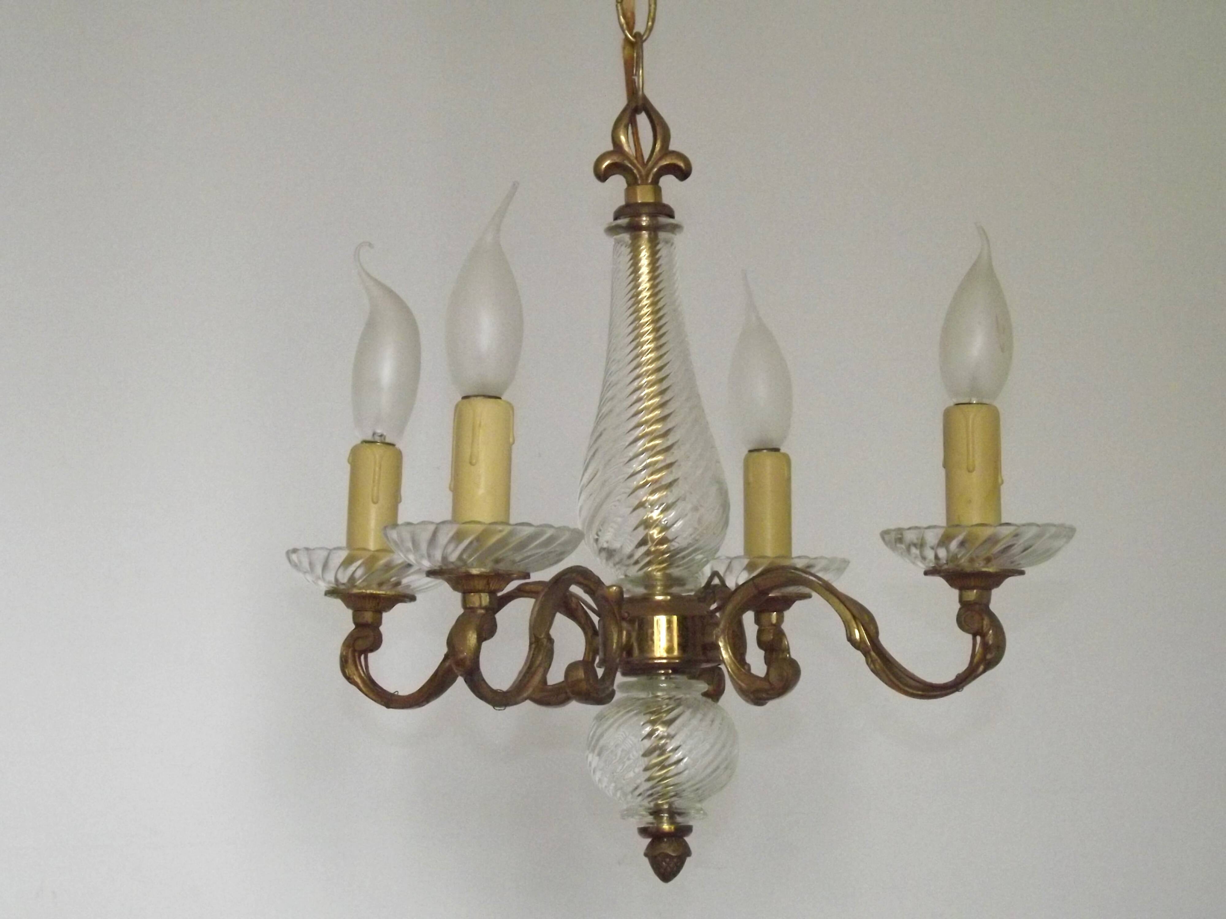Mid-Century Bronze & Cut Glass 4-Light Chandelier with Fleur-de-Lys Detail