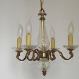 Mid-Century Bronze & Cut Glass 4-Light Chandelier with Fleur-de-Lys Detail