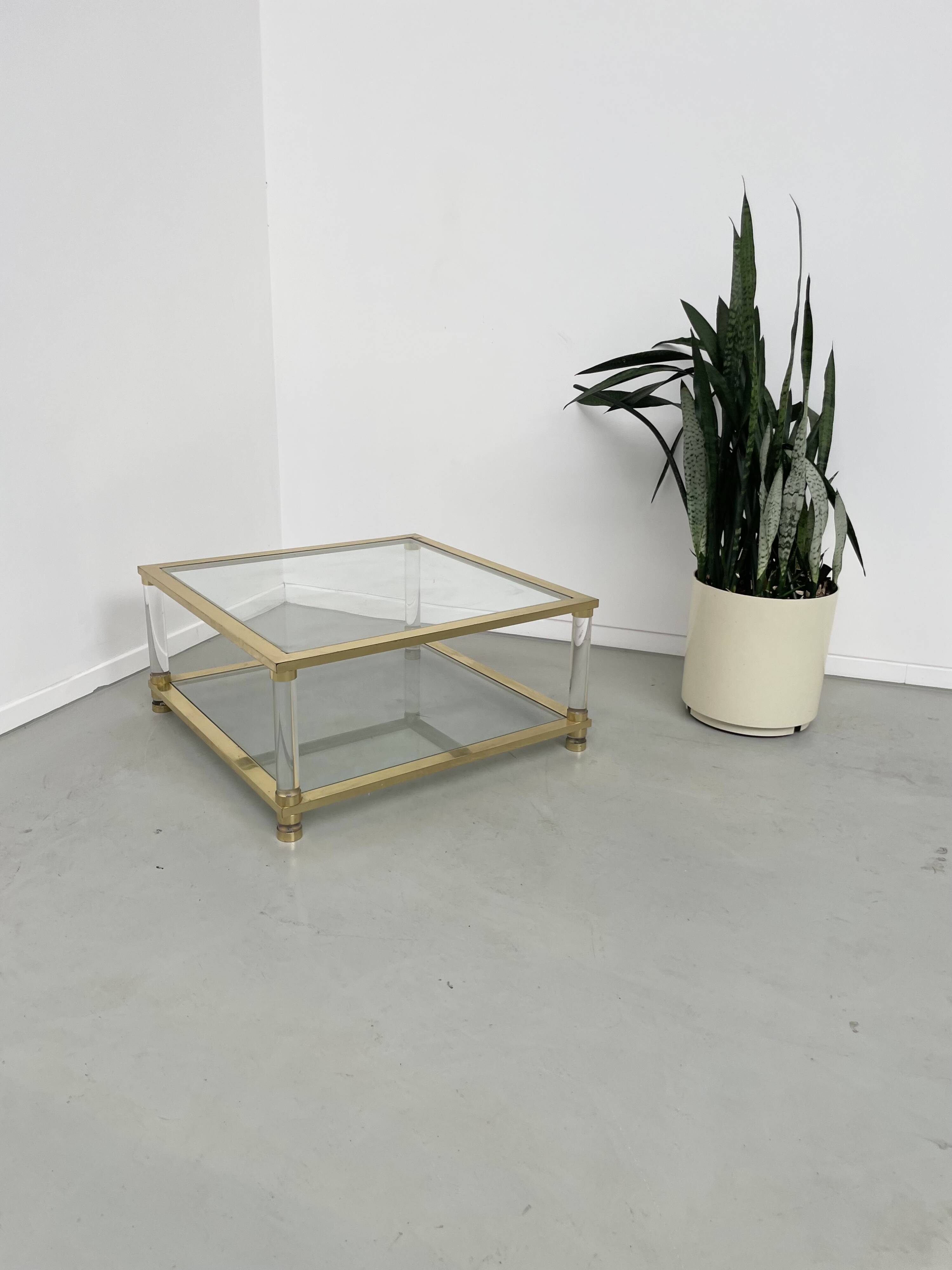 1970s lucite, brass and glass coffee table