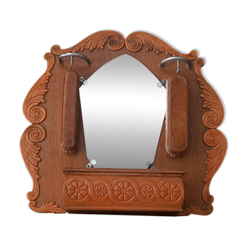 Miroir d'entrée vintage en chêne et ses brosses  - années 40 / 50