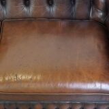 Dark brown flamed cowhide English 2.5 seater Chesterfield sofa