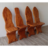 Series of 4 brutalist chairs carved in solid pine 1970
