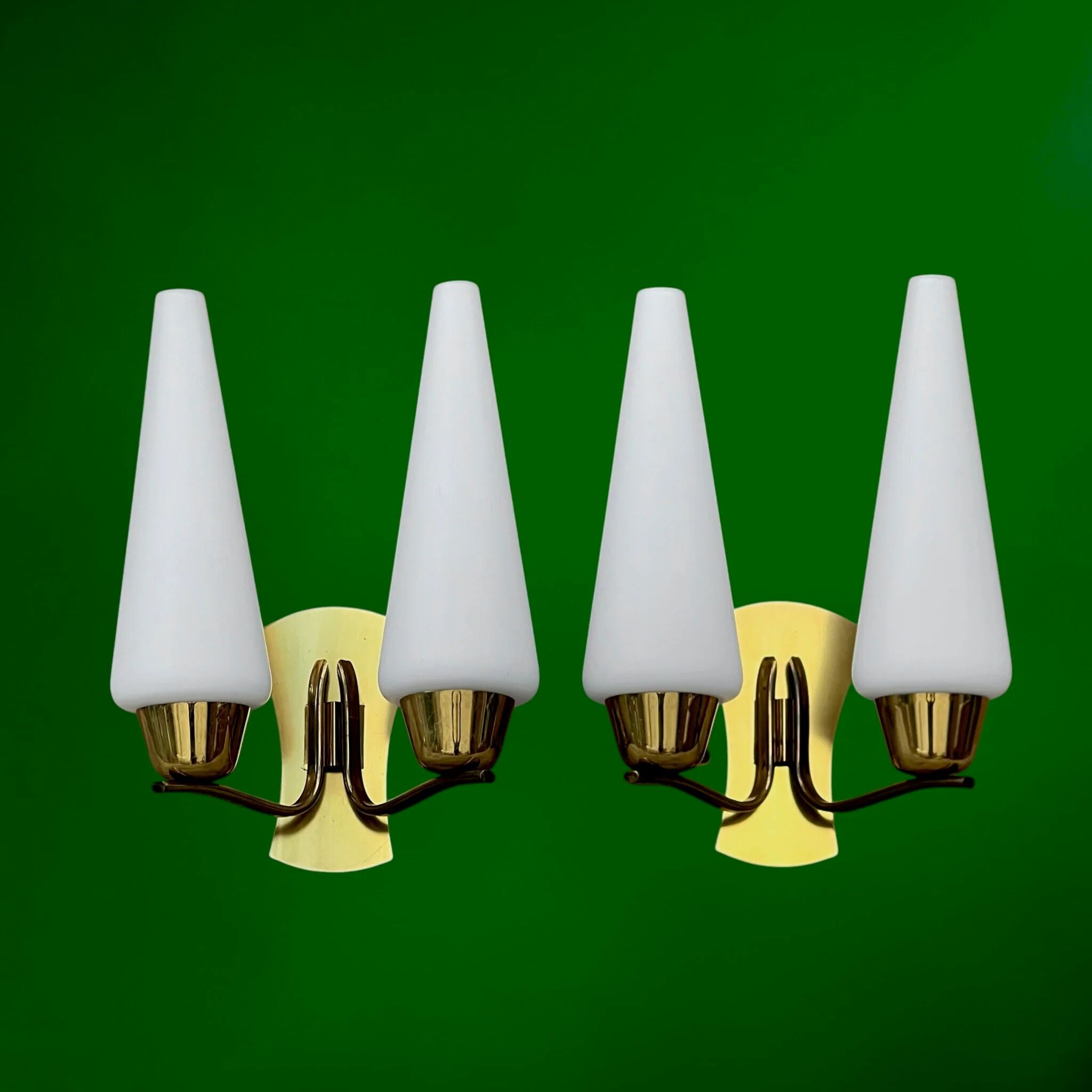 Pair of double wall sconces in brass and opaline – 1950s