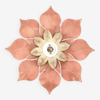 Applique ou plafonnier fleur en métal rose et beige, années 80