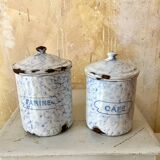 Spice jars and coffee maker in enameled sheet metal