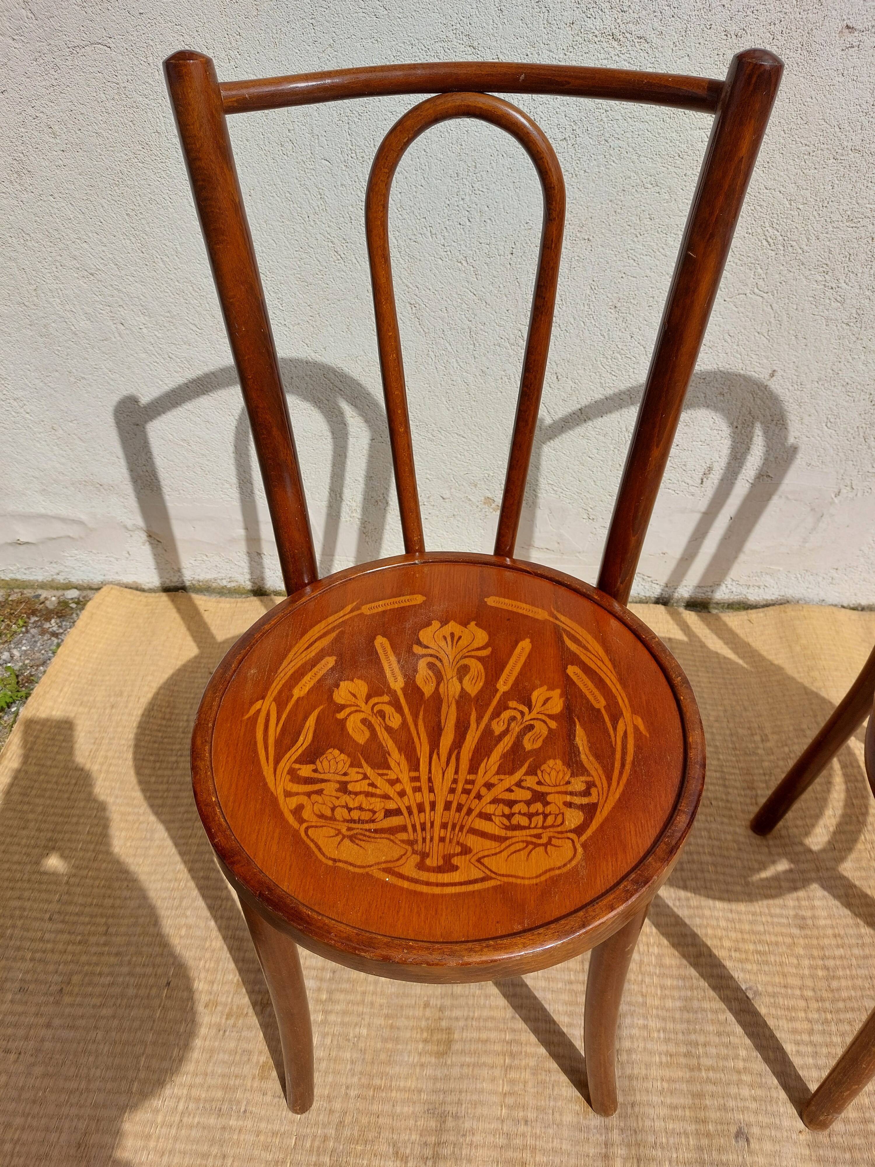 pair of bistro chairs, curved wood and pattern on the seat