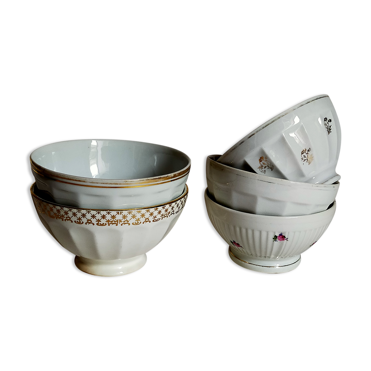 Five matching antique porcelain and earthenware bowls