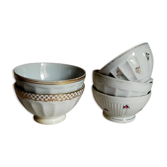 Five matching antique porcelain and earthenware bowls