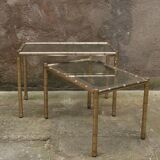 Pair of nesting coffee tables in gold metal with bamboo effect