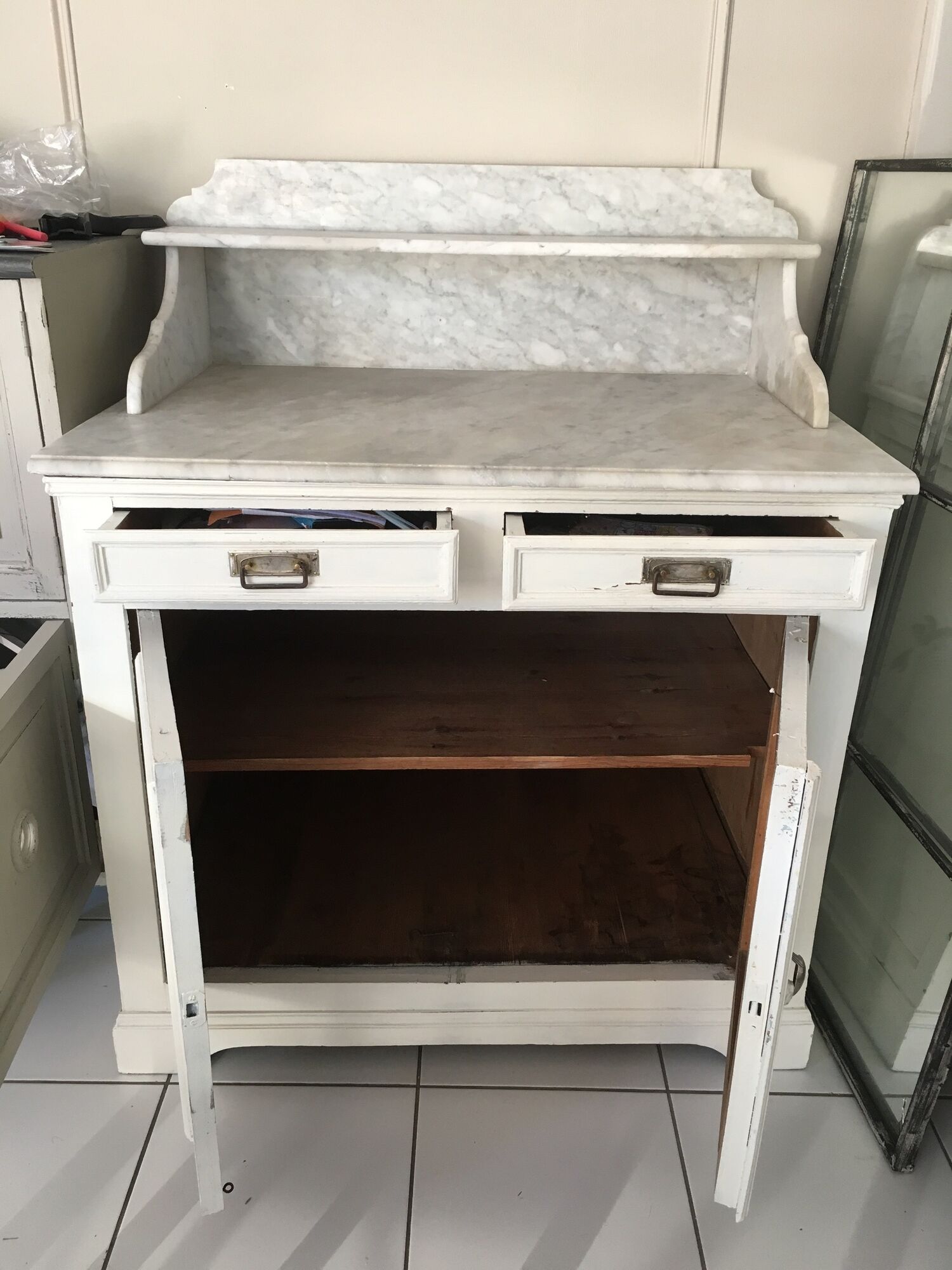 Buffet wood white board white marble of Carrara