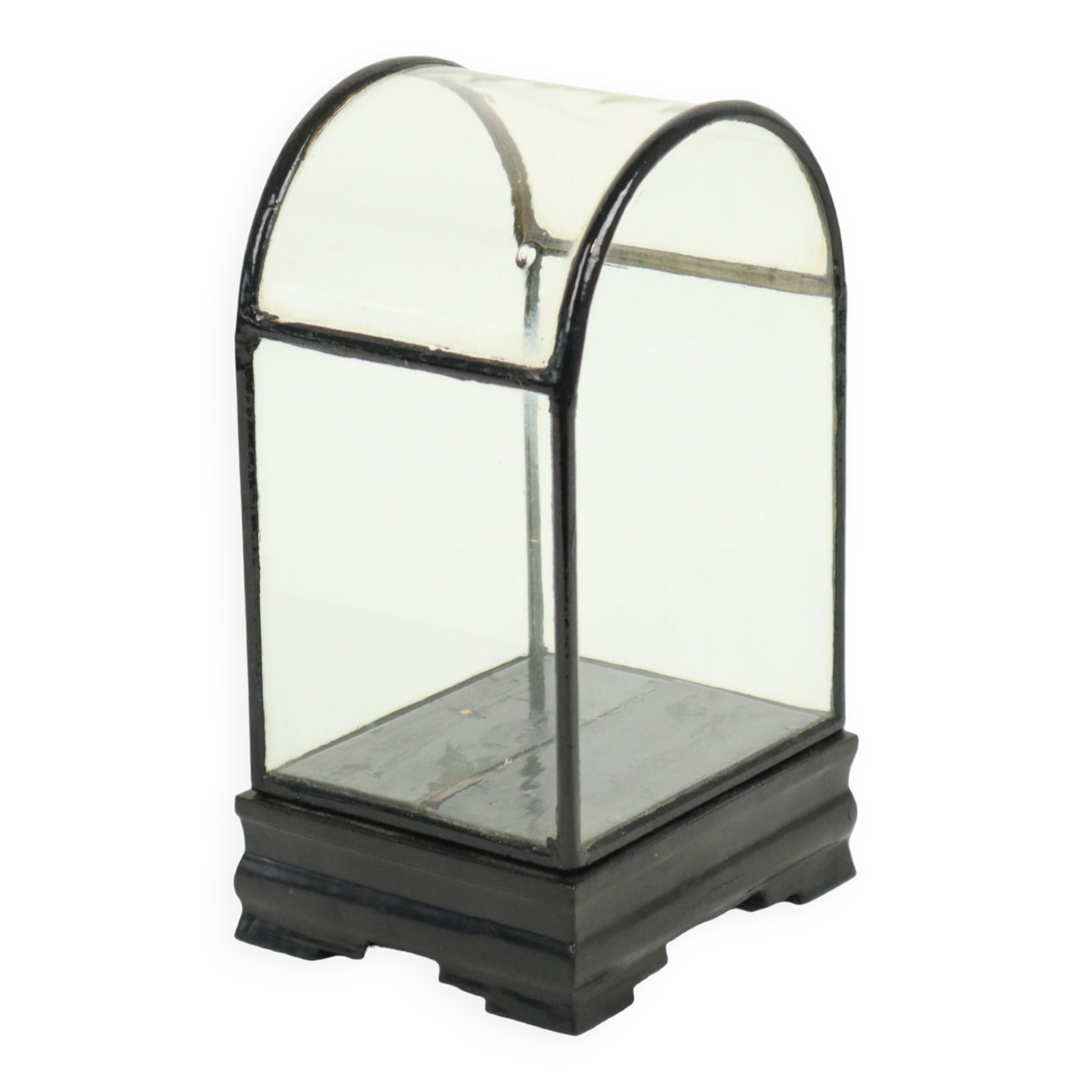 Small ancient chinese bell jar display curved glass black wooden base 21cm