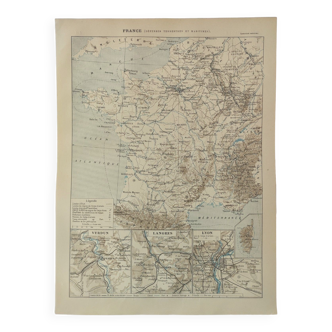 Old engraving • Map of France from La Défense • Original and vintage poster from 1909