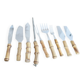 Set of 9 serving pieces with bamboo handles from the 60s