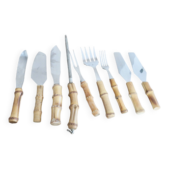 Set of 9 serving pieces with bamboo handles from the 60s